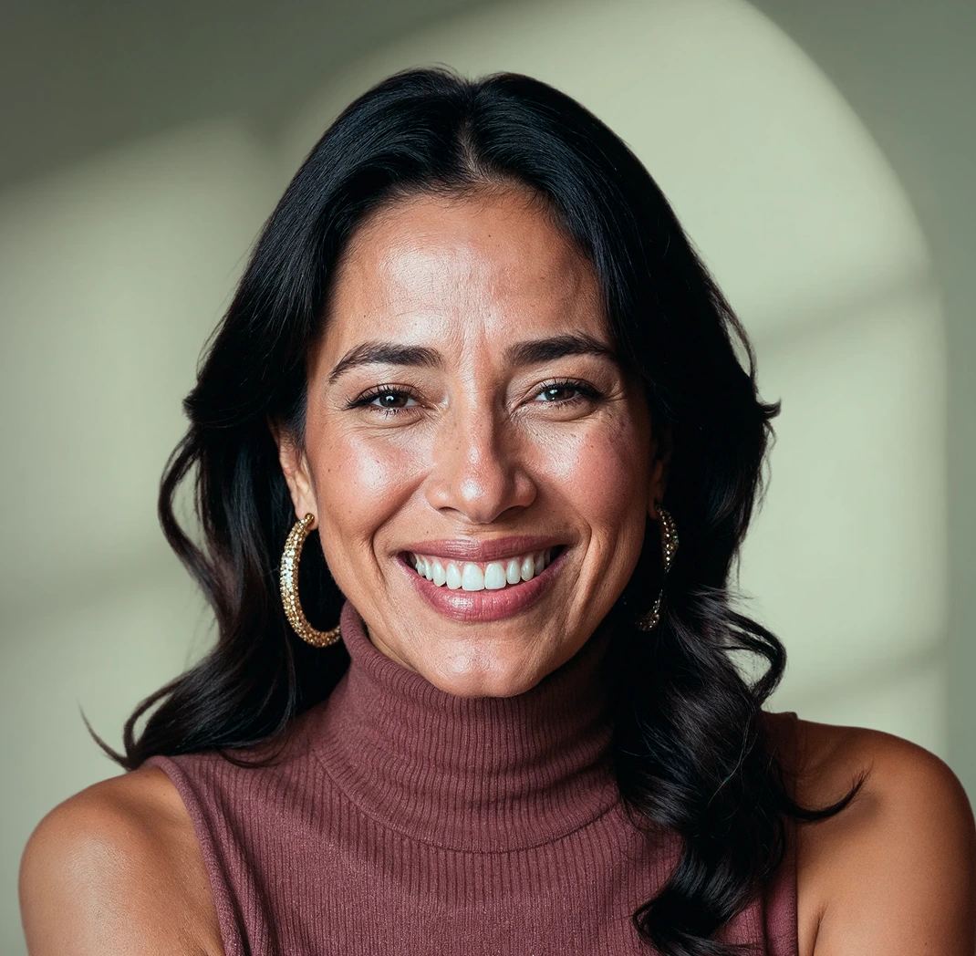 Woman smiling with white teeth, wearing pearl hoop earrings and burgundy turtleneck