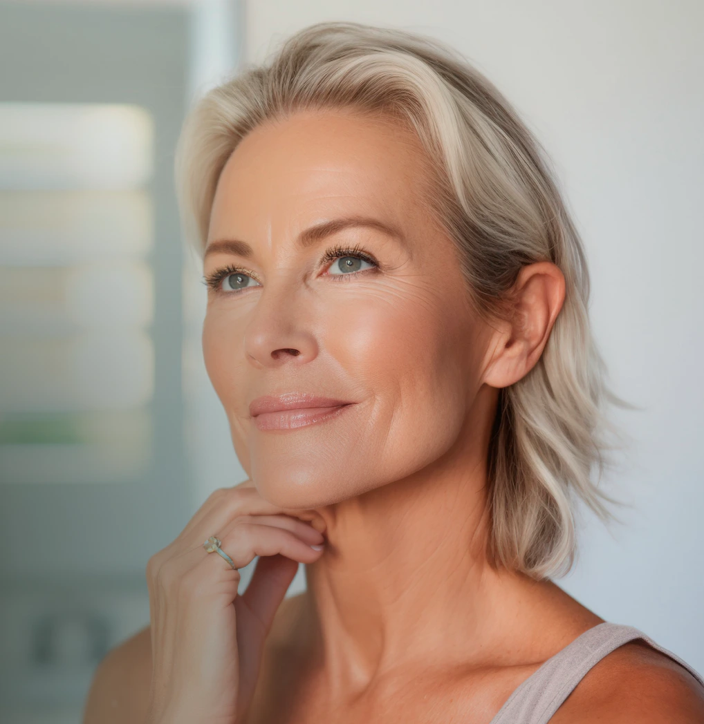 Middle-aged woman with gray hair looking to the side in a bright clinical setting