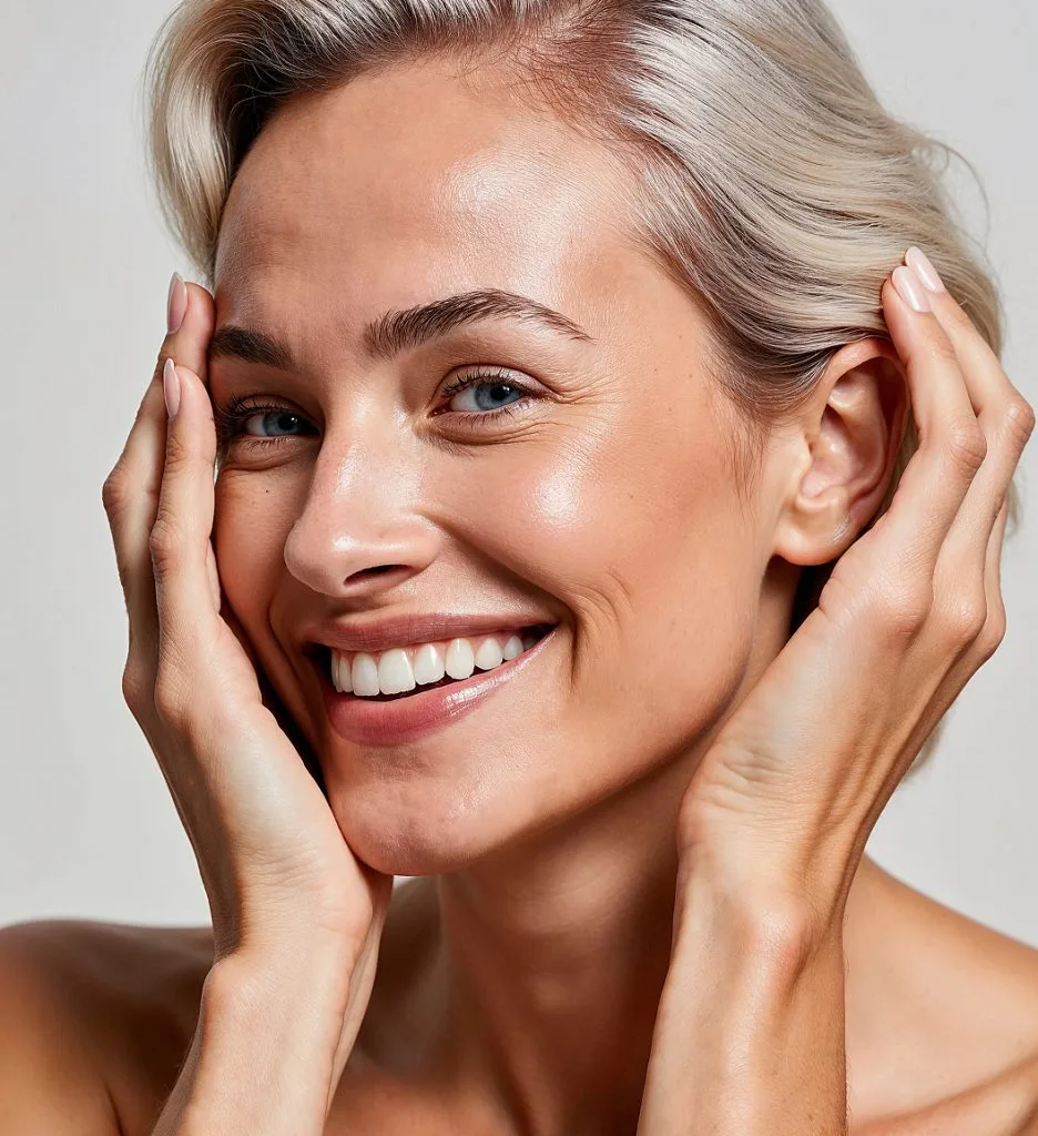 Mature woman with blonde hair smiling, hands framing face against white background