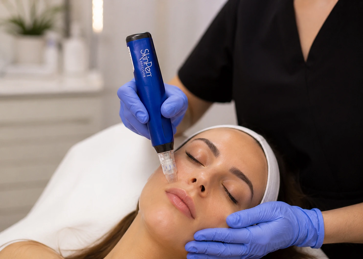 Aesthetician holding blue microneedling pen above patient's face during treatment in medical spa setting