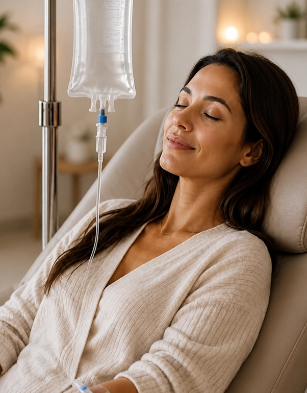 Patient receiving IV therapy infusion while relaxed in a comfortable chair